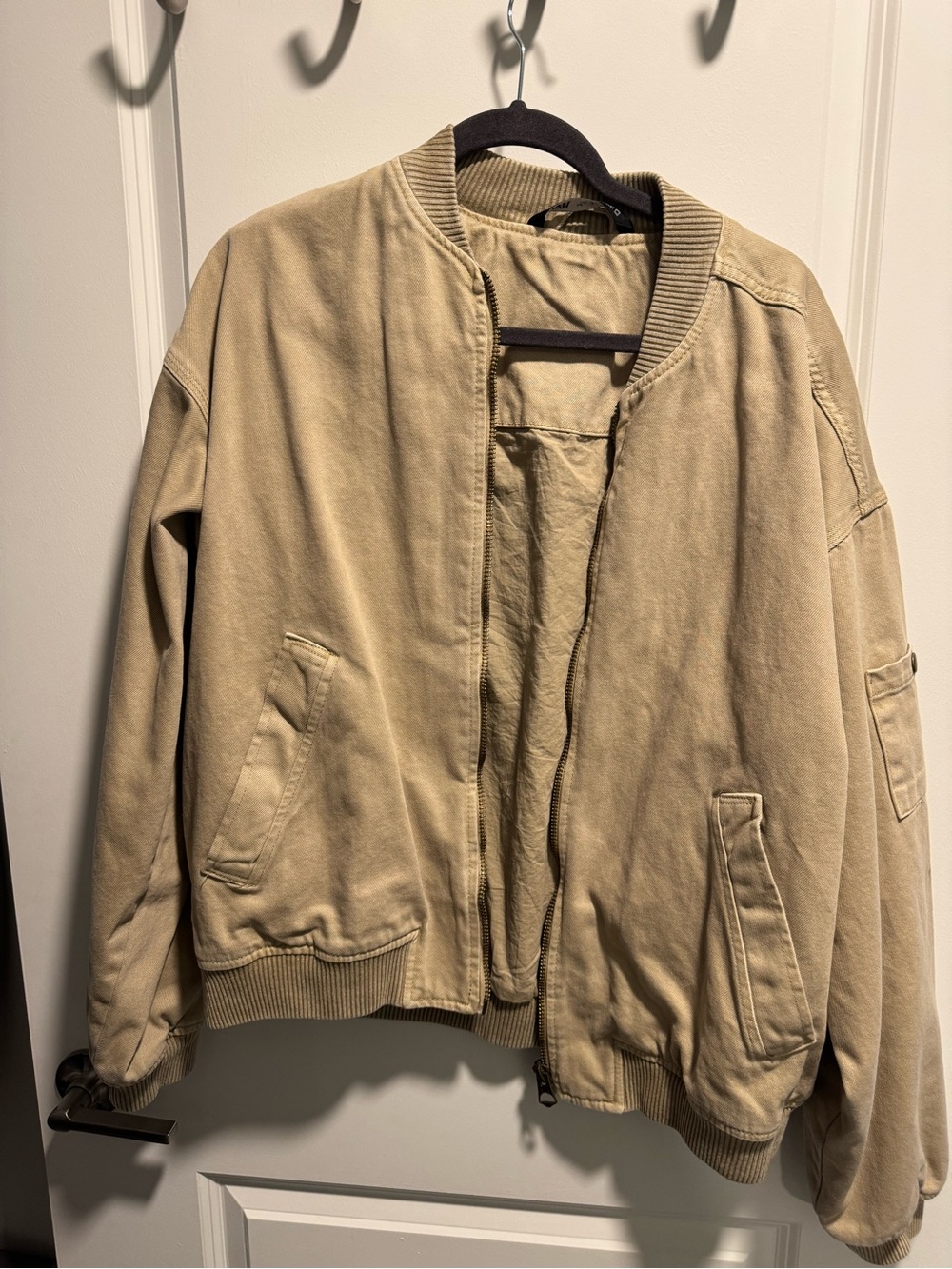 ZARA Men’s L Beige Tan Utility Bomber Jacket Full Zip Ribbed Collar